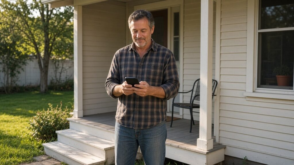 Independent landlord on the porch of a small rental house checking pre-screened applicants on his phone after listing on free rental listing sites for landlords