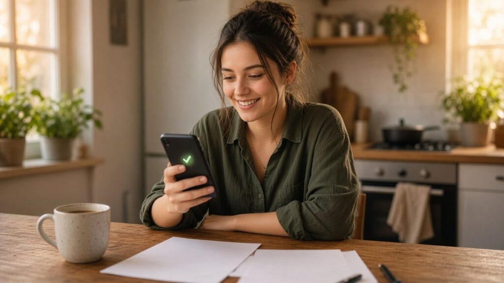Smiling renter at a sunlit kitchen table sees an approval checkmark on her phone after applying for an apartment with bad credit