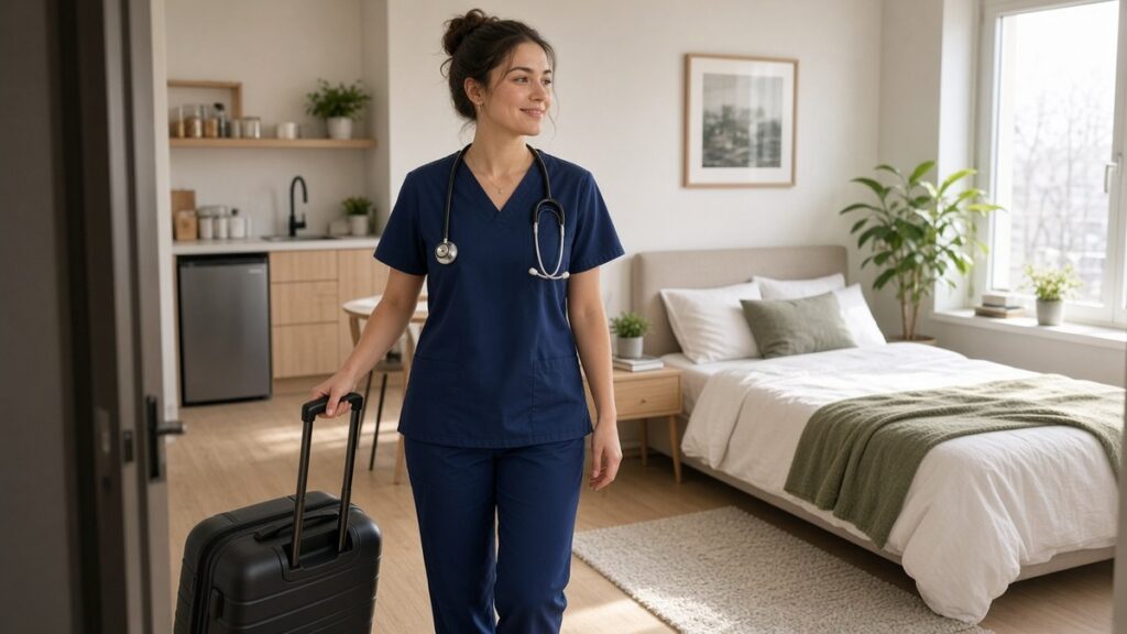 Travel nurse in scrubs rolling a suitcase into a bright furnished studio, one of many month-to-month rentals for people who move often
