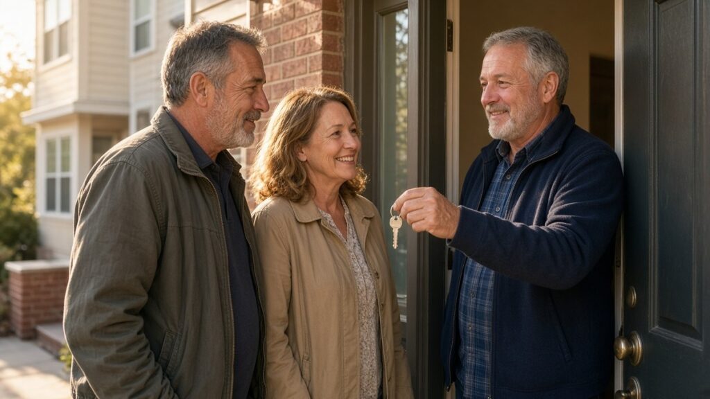 Veteran and his wife smiling as a landlord hands them keys at the door of a modest apartment