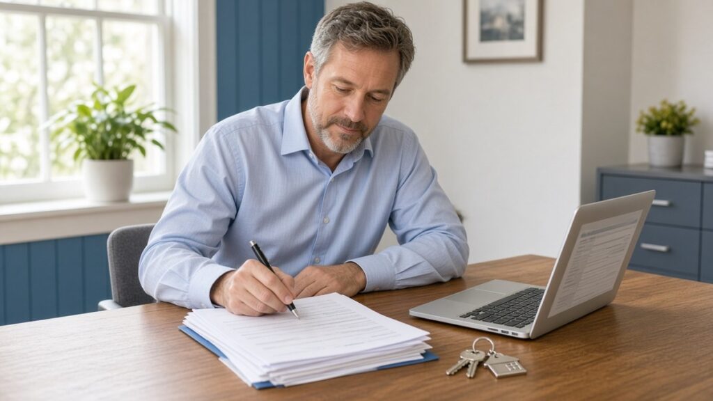 Landlord at a desk reviewing a stack of rental application forms, with a laptop and house keys nearby